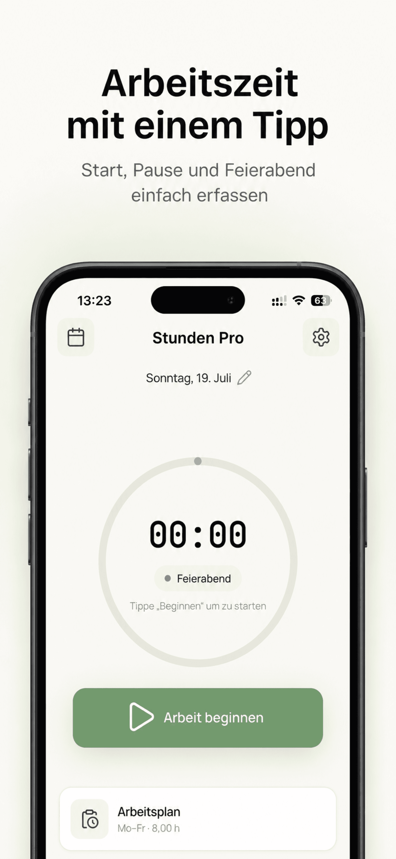 Startseite mit Live-Timer und Schaltfläche zum Arbeitsbeginn