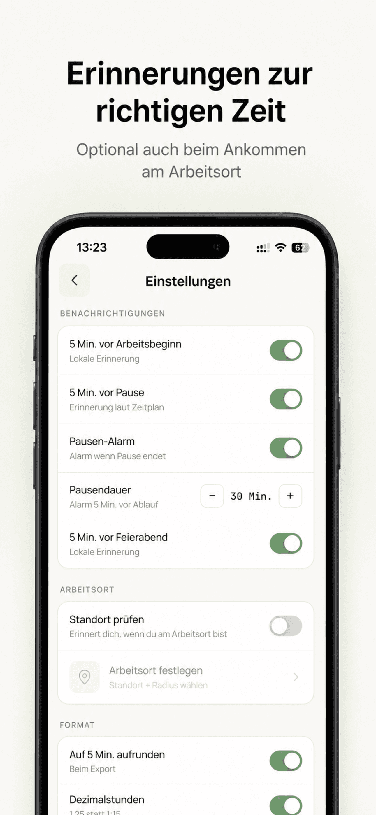 Einstellungen für Erinnerungen und Arbeitsort