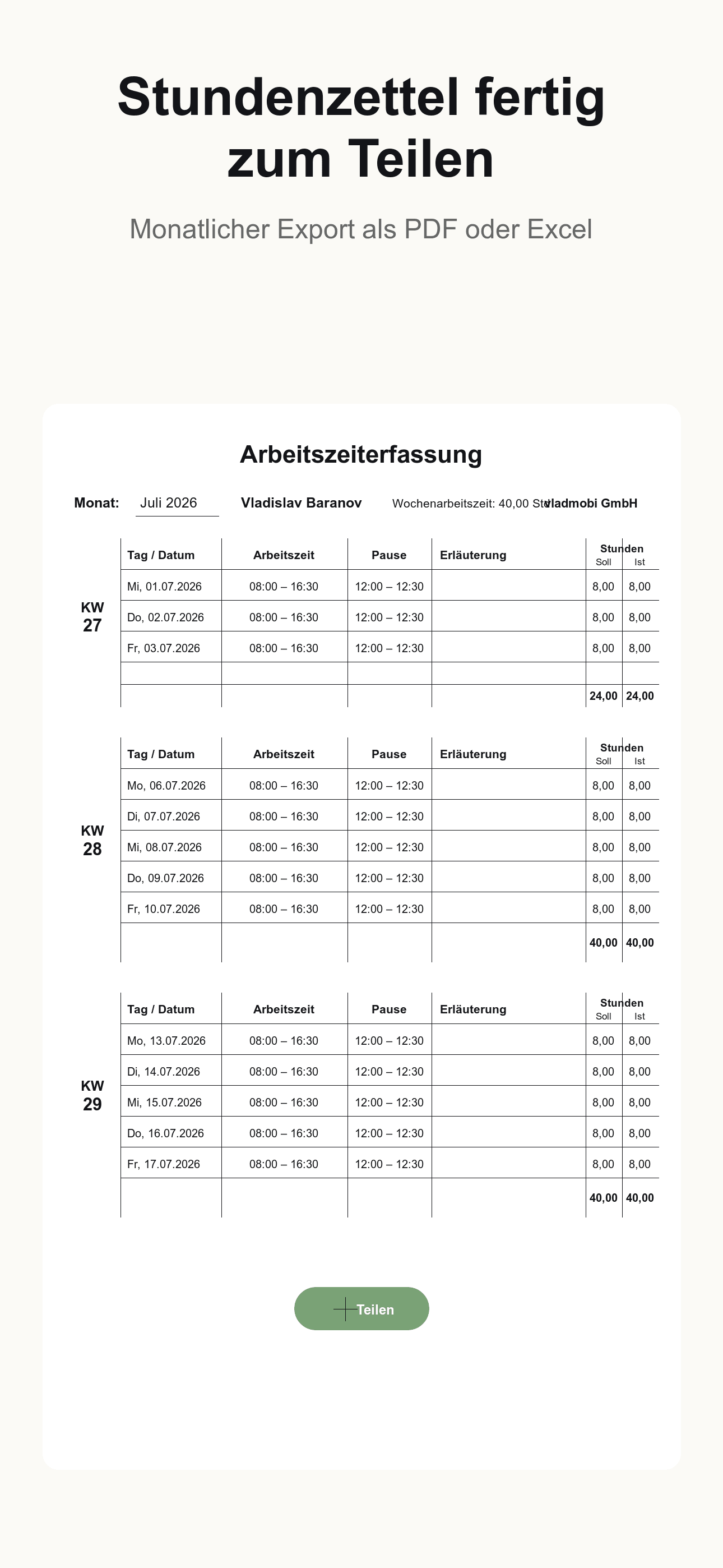 Exportierter monatlicher Stundenzettel